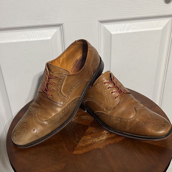 🔥🔥 Martin Dingman Made In Italy Tan Leather Lace Up Derby Wing Tip Shoes - GUC - Picture 1 of 11